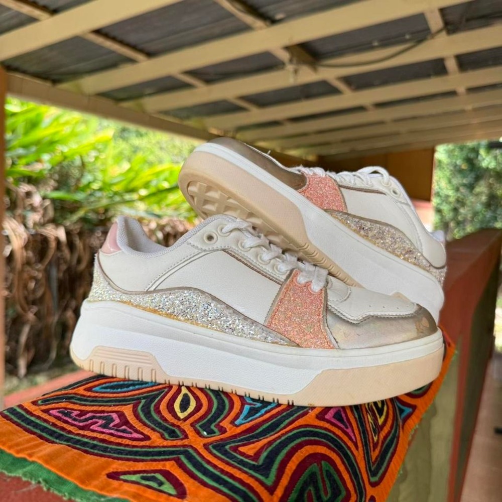 Platform Sneakers Womens Size 6 White Glitter Iridescent Metallic 1357215 Pastel